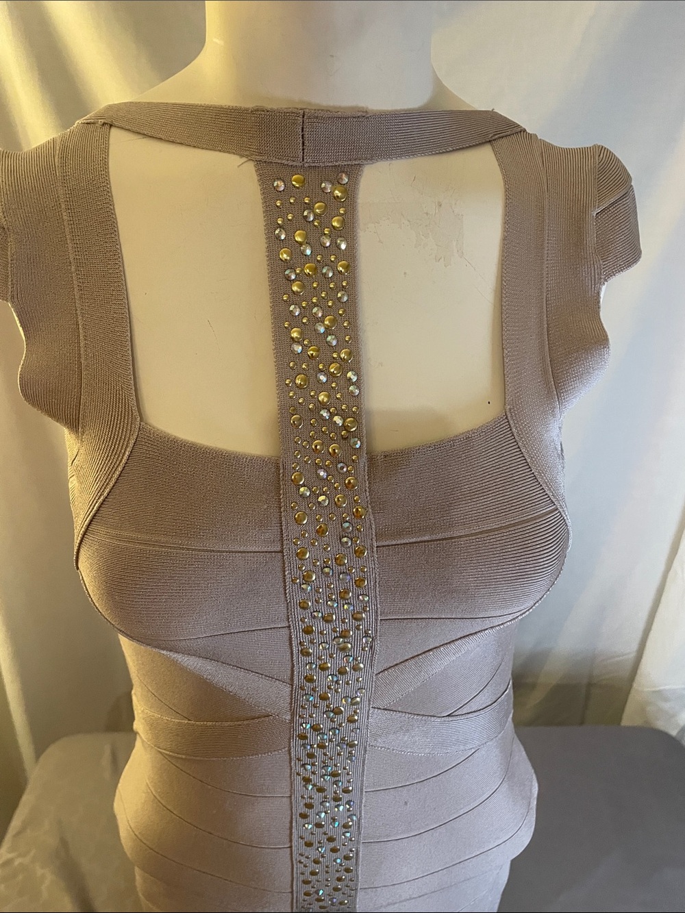 bebe Blush-Beige Beaded Front-Zip Midi Bandage Dress - Picture 4 of 6